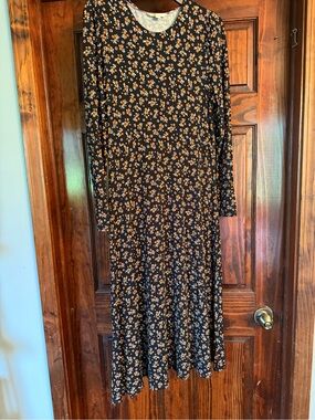 Boden Black Floral Scoop Neck Dress with Pink Trim